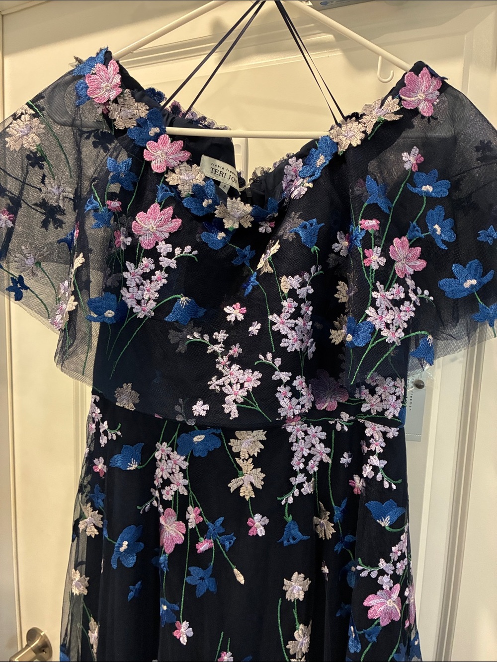 Teri Jon by Rickie Freeman Navy Wildflower Embroidered Maxi Gown